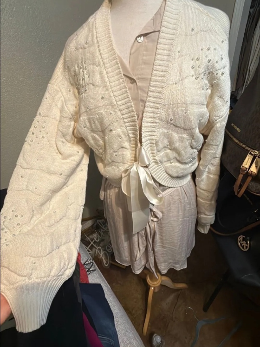 Moon River Cream Pearl-Embellished Tie-Front Cropped Cardigan